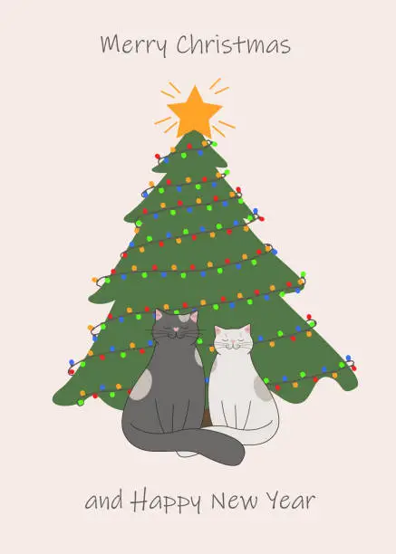 Vector illustration of Christmas card with a big green tree with a star and a garland and a couple of cute cats underneath