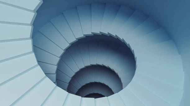 istock Descending Blue Spiral Staircase, Depth, Light and Shadows 3D Aesthetic Background, 3D render 1661255401