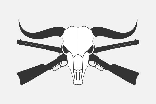 Wild Bull skull and crossed winchesters graphic badge. Isolated sign on white background. Wild west symbol. Vector illustration buffalo shooting stock illustrations