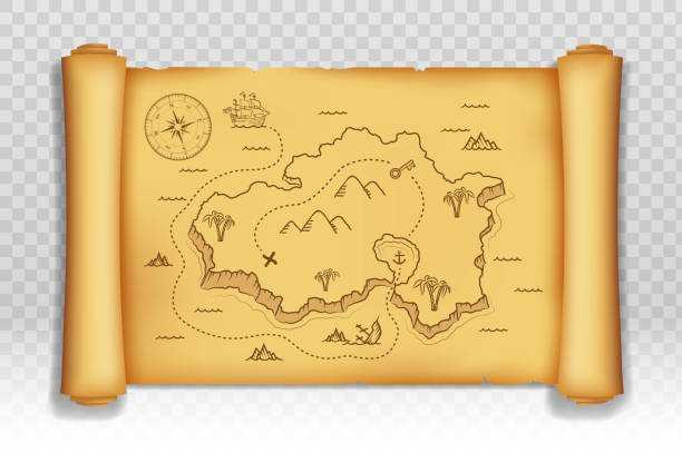 Old pirate map of treasure island Old pirate map of treasure island on an old scroll. Template is isolated on transparent background. Vector illustration. treasure island map stock illustrations