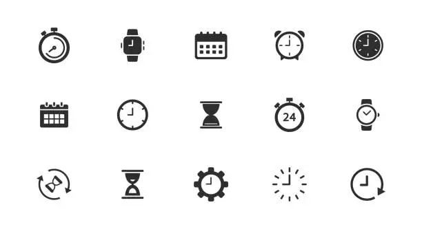 Vector illustration of Time and Clock Icons set. Timer, watch, speed, calendar, alarm clock, date and time management. Editable stroke. Vector illustration.