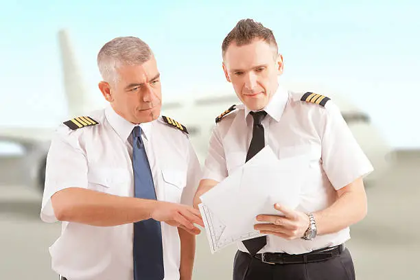 Airline pilots wearing uniform with epaulettes checking papers, passenger aircraft in background