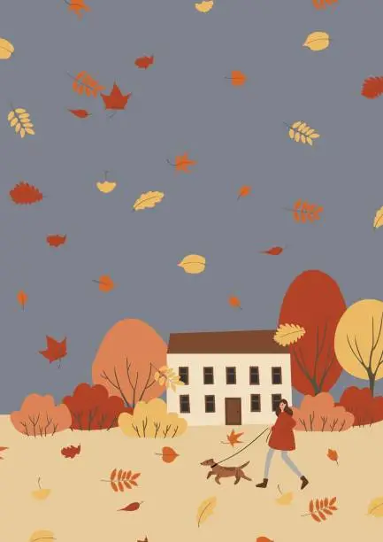 Vector illustration of fall scene clipart, autumn poster with people at city park, fall season printable card, autumn vibes wall art print, Flat style vector illustration clipart, digital download, cartoon character.