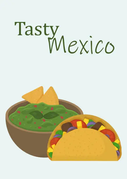 Vector illustration of Banner with Mexican food. Illustration of guacamole and taco.