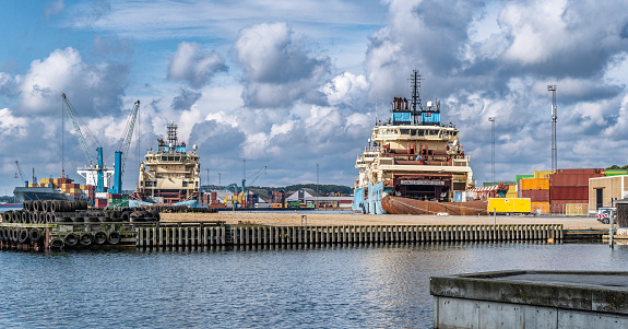 Fredericia harbor with old ships, Denmark