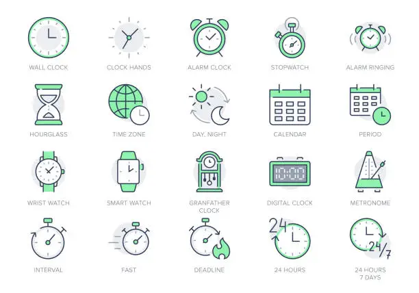 Vector illustration of Time line icons. Vector illustration include icon - calendar, hourglass, wristwatch, schedule, stopwatch, fast, smart watch, deadline outline pictogram for clock. Green Color, Editable Stroke
