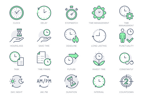 Time management line icons. Vector illustration include icon - deadline, stopwatch, hourglass, metronome, delay, punctuality outline pictogram for work days. Green Color, Editable Stroke.
