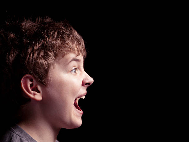 Profile of the shouting boy stock photo