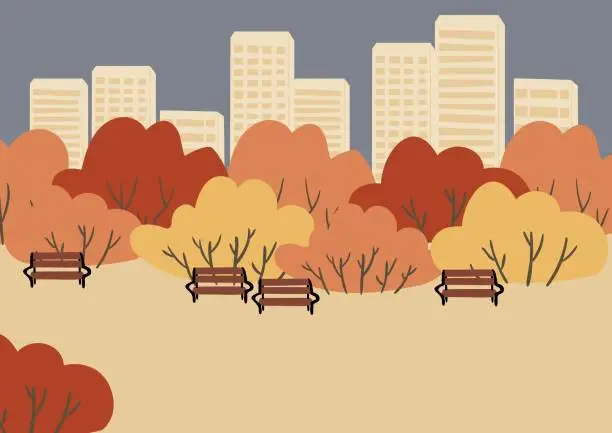 Vector illustration of fall landscape clipart, autumn park vector illustration, city scenery wall art print, nature background, tree printable poster, cityscape digital download card, flat style images.