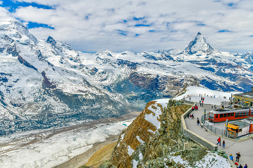 Snowcapped mountains and chairlift, Swiss Alps