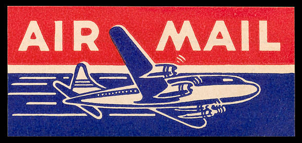 Vintage Air Mail sticker c. 1960 A vintage Air Mail sticker from 1960 or earlier, isolated on black with excellent detail. Interesting example of vintage printing. air mail stock pictures, royalty-free photos & images