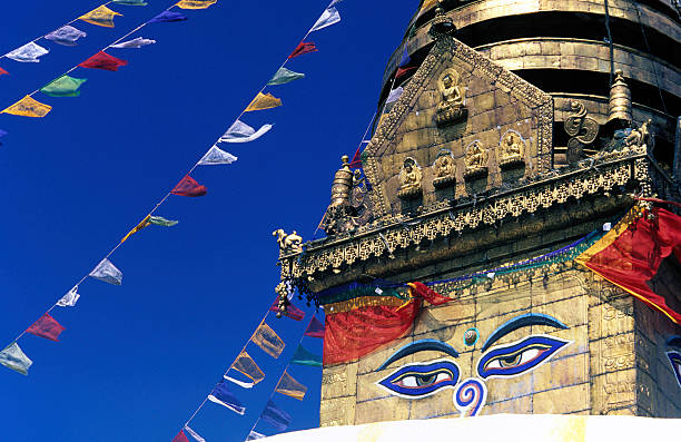 Nepal, Kathmandu, Swayambhunath Temple. A large stupa and one of the most sacred Buddhist sites in the country.