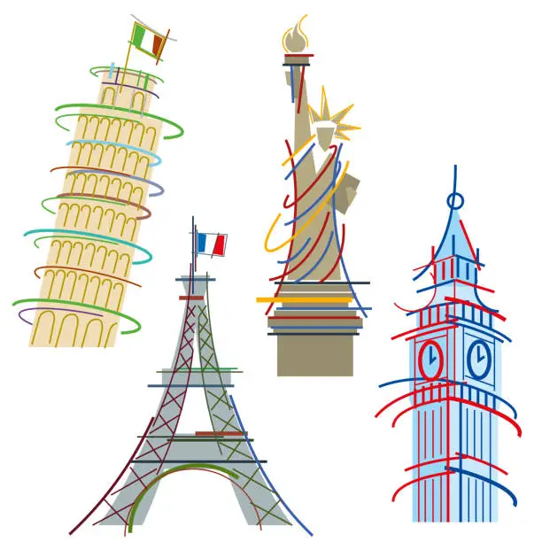 Vector illustration of Dynamic Travel Icons of Several International Destinations