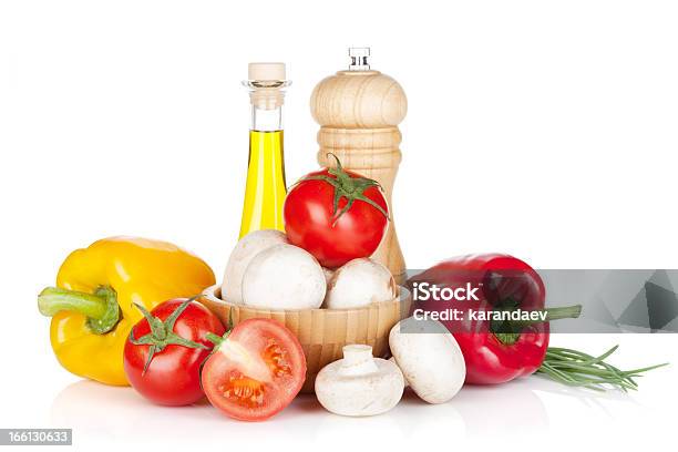 Fresh Vegetables And Mushrooms With Olive Oil Pepper Shaker Stock Photo - Download Image Now