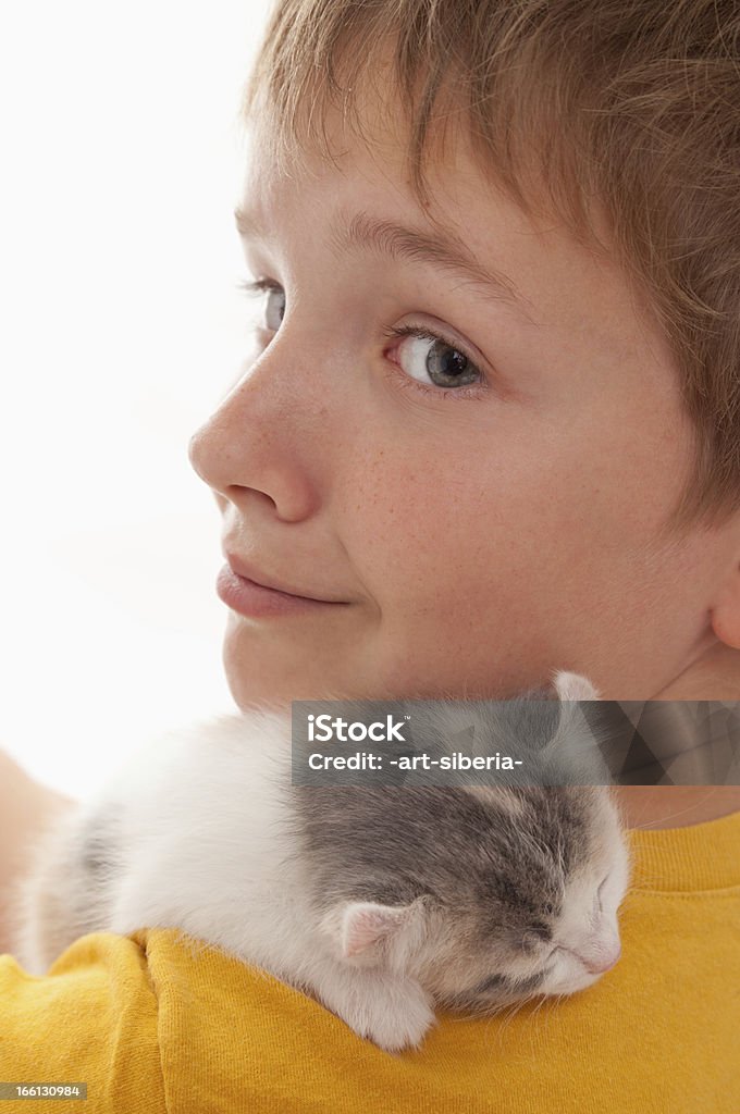 Мальчик и kitten - Стоковые фото 12-13 лет роялти-фри