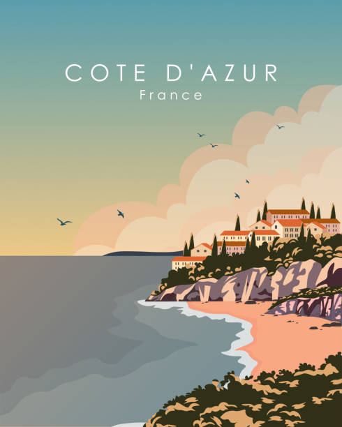 ilustrações, clipart, desenhos animados e ícones de cartaz de viagem da cote dazur france - city of nice illustrations