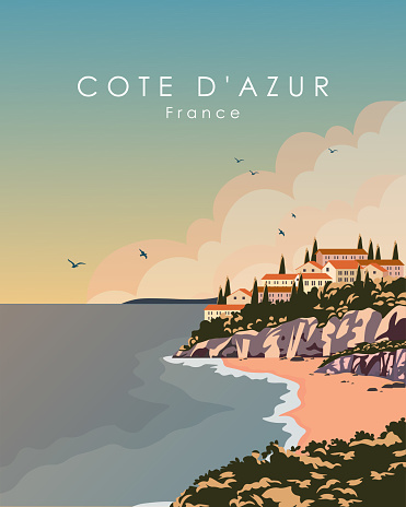 Vector illustration Cote Dazur France. Design for travel poster, postcard, banner. Retro style. Travel, tourism.