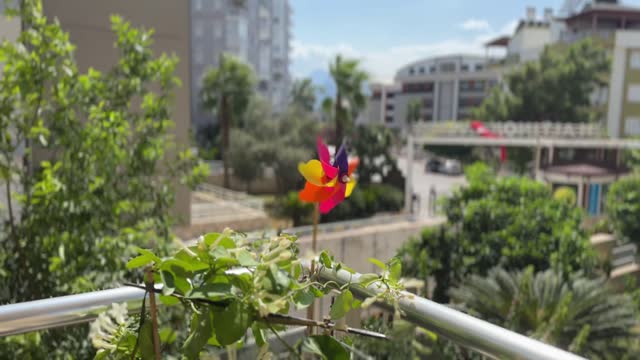 Pinwheel with colorful hearts among balcony