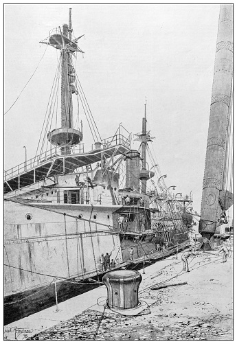 Antique image from British magazine: Building of Battleship 
