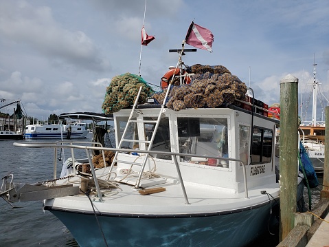 Tarpon Springs, United States a tour boat with sea sponges and diving flags is docked by the downtown area of the small town on a summer day.