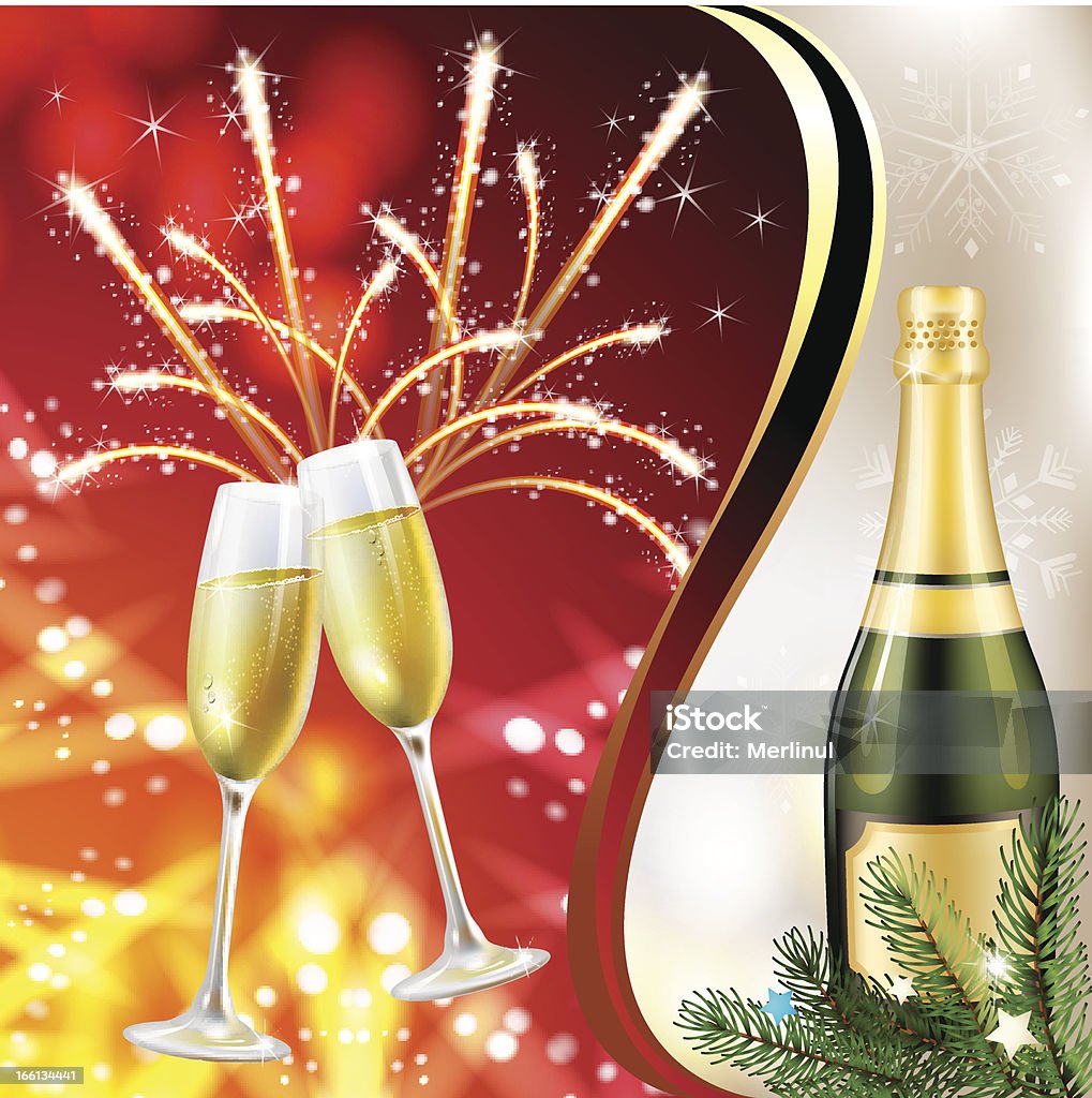 Due bicchieri di champagne e bottiglia - arte vettoriale royalty-free di Alchol