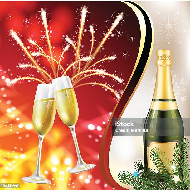 Due Bicchieri Di Champagne E Bottiglia - Immagini vettoriali stock e altre immagini di Alchol - Alchol, Anniversario, Bibita