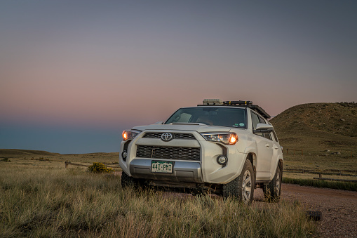 Liencres, Spain. 22 February 2021: A Land Rover Discovery luxury SUV car stationary in a forest