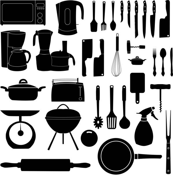 ilustrações de stock, clip art, desenhos animados e ícones de ilustração vetorial de utensílios de cozinha para cozinhar - chef commercial kitchen cooking silhouette