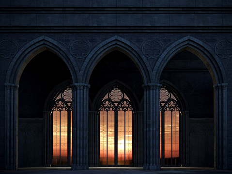 3d illustration. Abandoned castle with a large gothic window the rays of the sunset. Cathedral medieval architecture