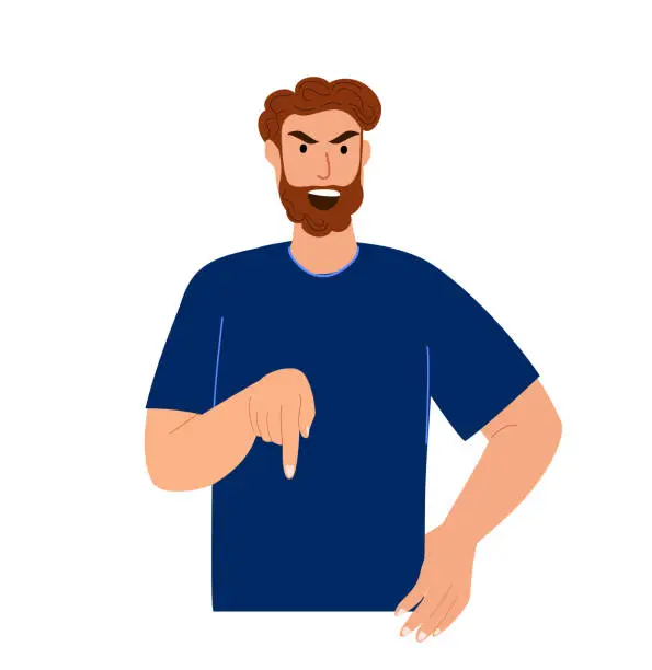 Vector illustration of Angry Stern Man showing pointing demonstrative gesture with his finger.Agressive Despotic,Strict and tyrannous person.Disciplinarian sign. Flat graphic vector illustration isolated on white background