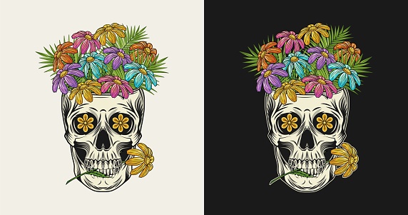 Human skull like cup full of chamomile flowers. Skull holding flower between teeth. Groovy hippie retro style Front view illustration in vintage style.