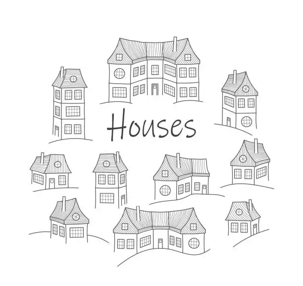 Vector illustration of A set of cute houses, line.
