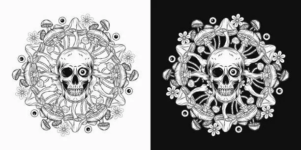 Vector illustration of Circular pattern with skull, mushrooms, chamomiles