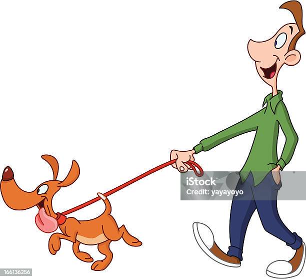 Uomo Camminare Cane - Immagini vettoriali stock e altre immagini di Passeggiare con il cane - Passeggiare con il cane, Fumetto - Creazione artistica, Humour