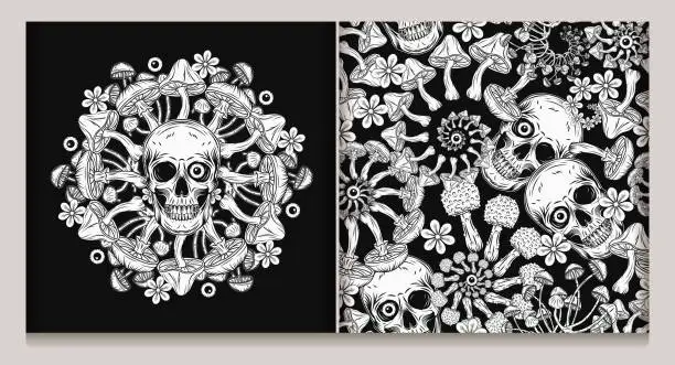 Vector illustration of Black and white pattern with human skull mushrooms