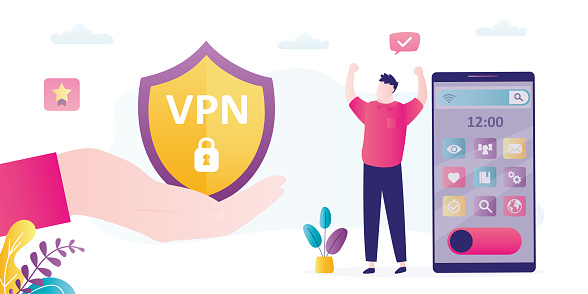 VPN service for secure network connection and privacy protection . Huge hand give VPN to protect personal data in smartphone. Virtual Private Network. Service for changing location of ip address.