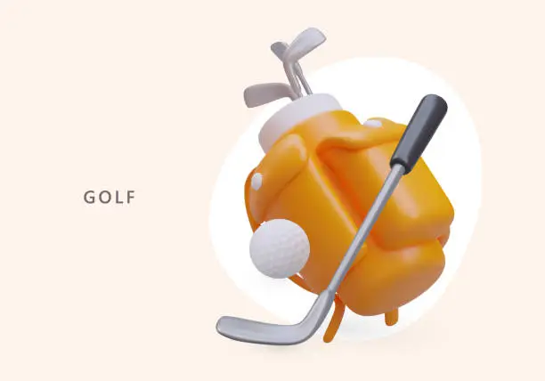 Vector illustration of 3D golf clubs, ball. Special backpack for golf items. Composition of floating elements