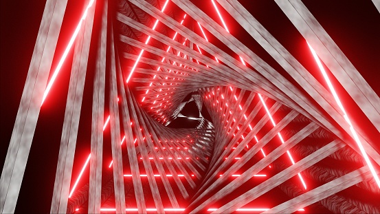 A background of abstract neon spiral triangle lights forming a tunnel, creating a visually stunning and mesmerizing effect. The animation is perfect for use in a variety of projects, such as websites, presentations, or even as a piece of art.