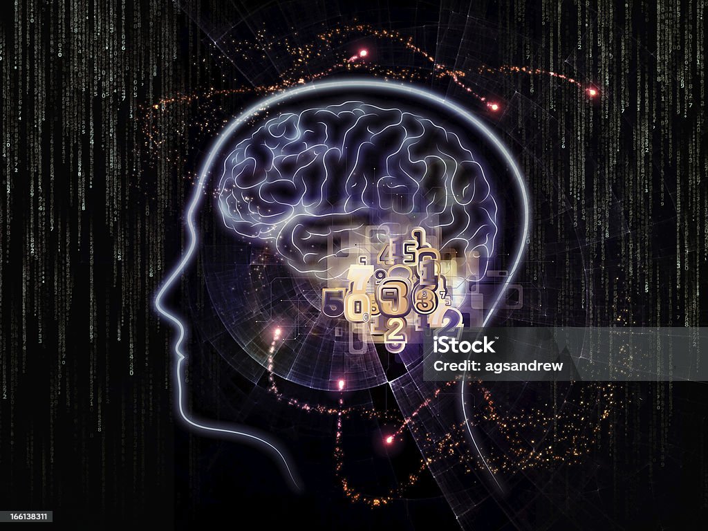 Virtual Human Technology Design composed of lines of human head, fractal grids and technology related symbols as a metaphor on the subject of artificial intelligence, science, education and technology Adult Stock Photo