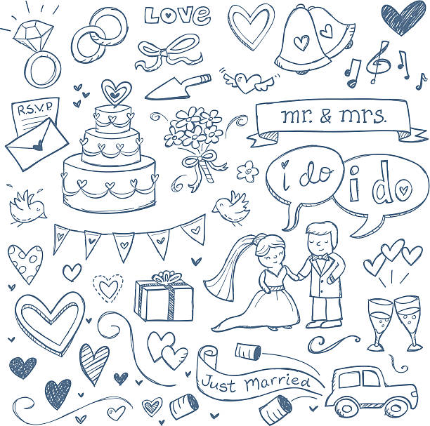 ślub doodles - tort weselny stock illustrations