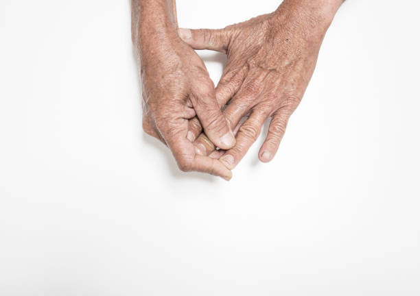 Hand and finger expressions seniors with weakness problems and pain in the muscles and bone marrow on a white background