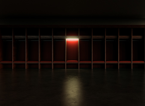 A red themed wood sports locker change room in the dark with one cubicle illuminated in isolation- 3D render