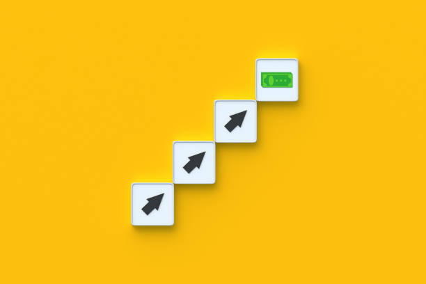 istock Achieving planned economic indicators. The pursuit of a dream. Step-by-step strategy to financial independence. Performance increase. Business concept. Arrows and money icon on buttons. 3d render 1661393635