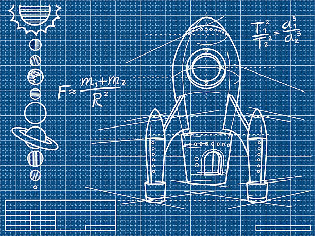 Blueprint with rocket ship and planets vector art illustration