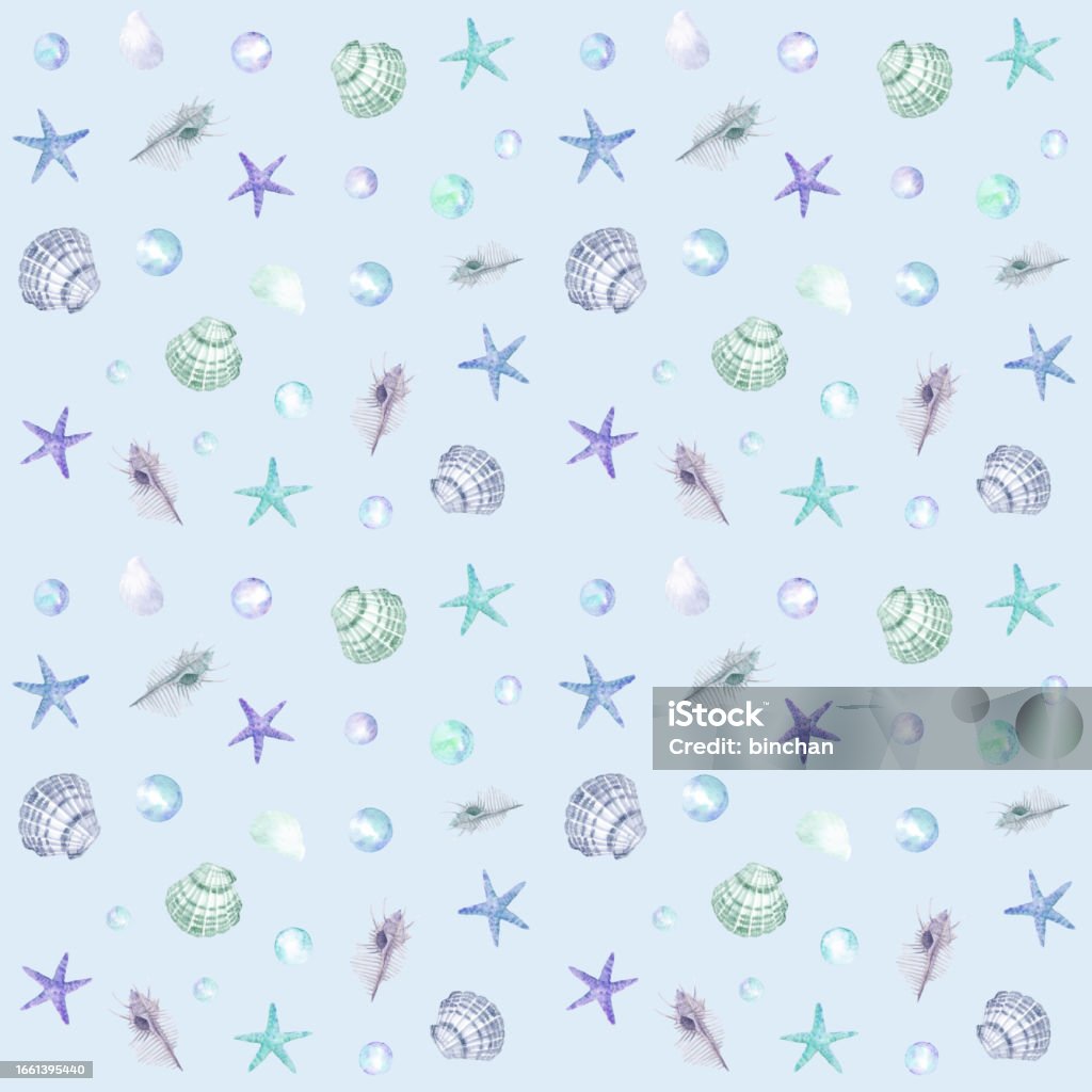 Shell Pattern Star Fish Starfish And Seashell Pattern On Light Blue Background Stock ...