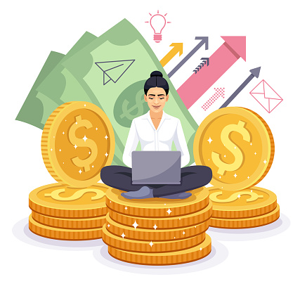 Young investor working for profit, dividend, or revenue.  Trader sitting on a stack of money, investing capital, analyzing profit.