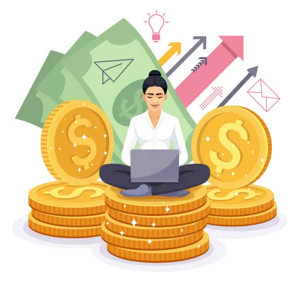 Vector illustration of Businesswoman Character is sitting on golden stacks of coins. Trader Working on Laptop. Financial analyst. Investor with laptop monitoring growth of dividends.