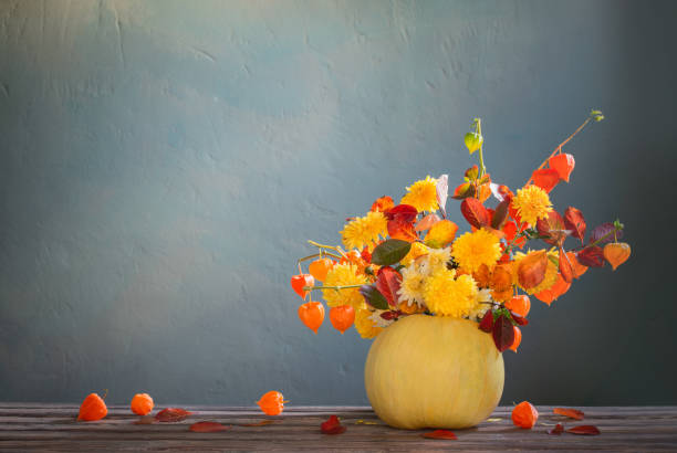istock pumpkin with autumnal bouquet on dark background 1661408218