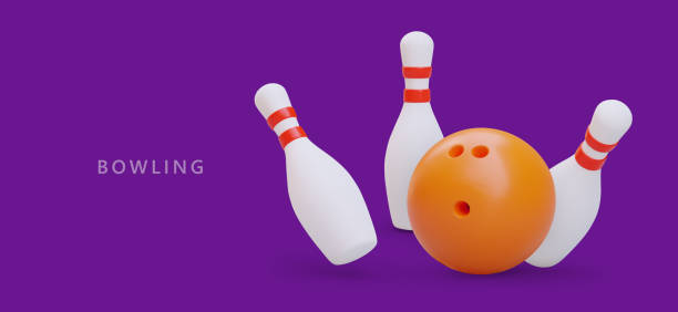 istock Realistic skittles, orange bowling ball. Advertising poster on purple background 1661426788