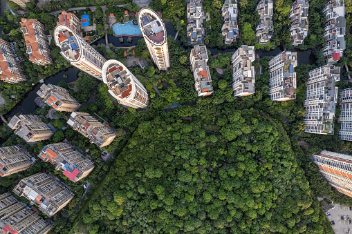 Vertical plane aerial view of urban buildings in green forest